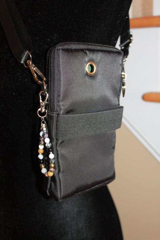 Crossbody Bag - Small black fashion handbag with adjustable strap and pretty bag charm HB055