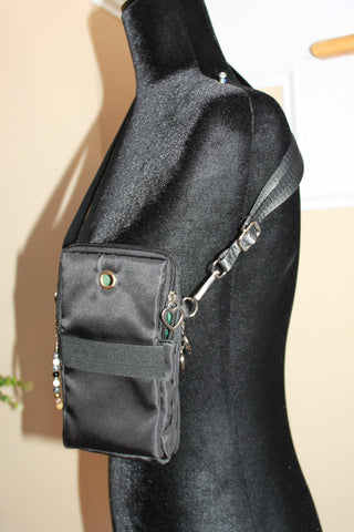 Crossbody Bag - Small black fashion handbag with adjustable strap and pretty bag charm HB055