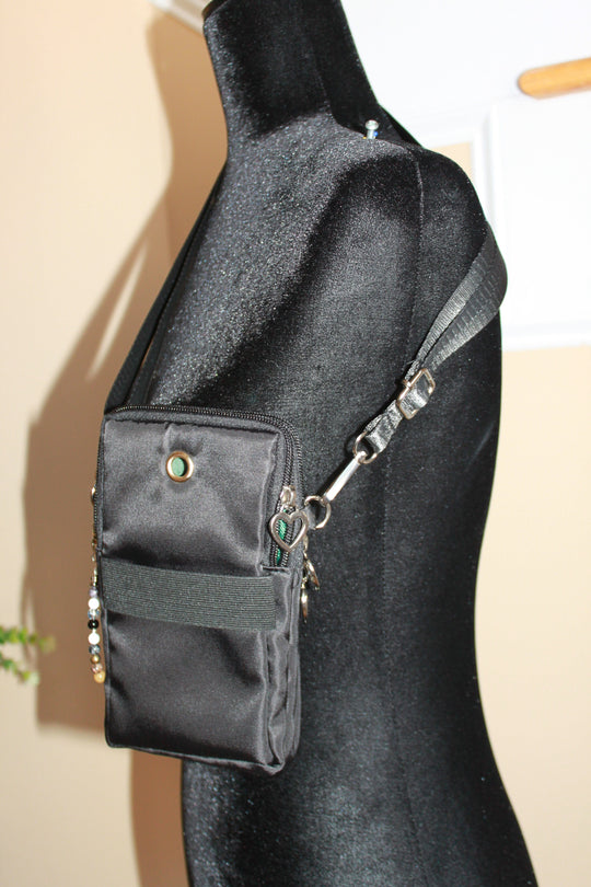Crossbody Bag - Small black fashion handbag with adjustable strap and pretty bag charm HB055