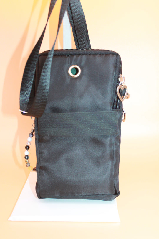 Crossbody Bag - Small black fashion handbag with adjustable strap and pretty bag charm HB055