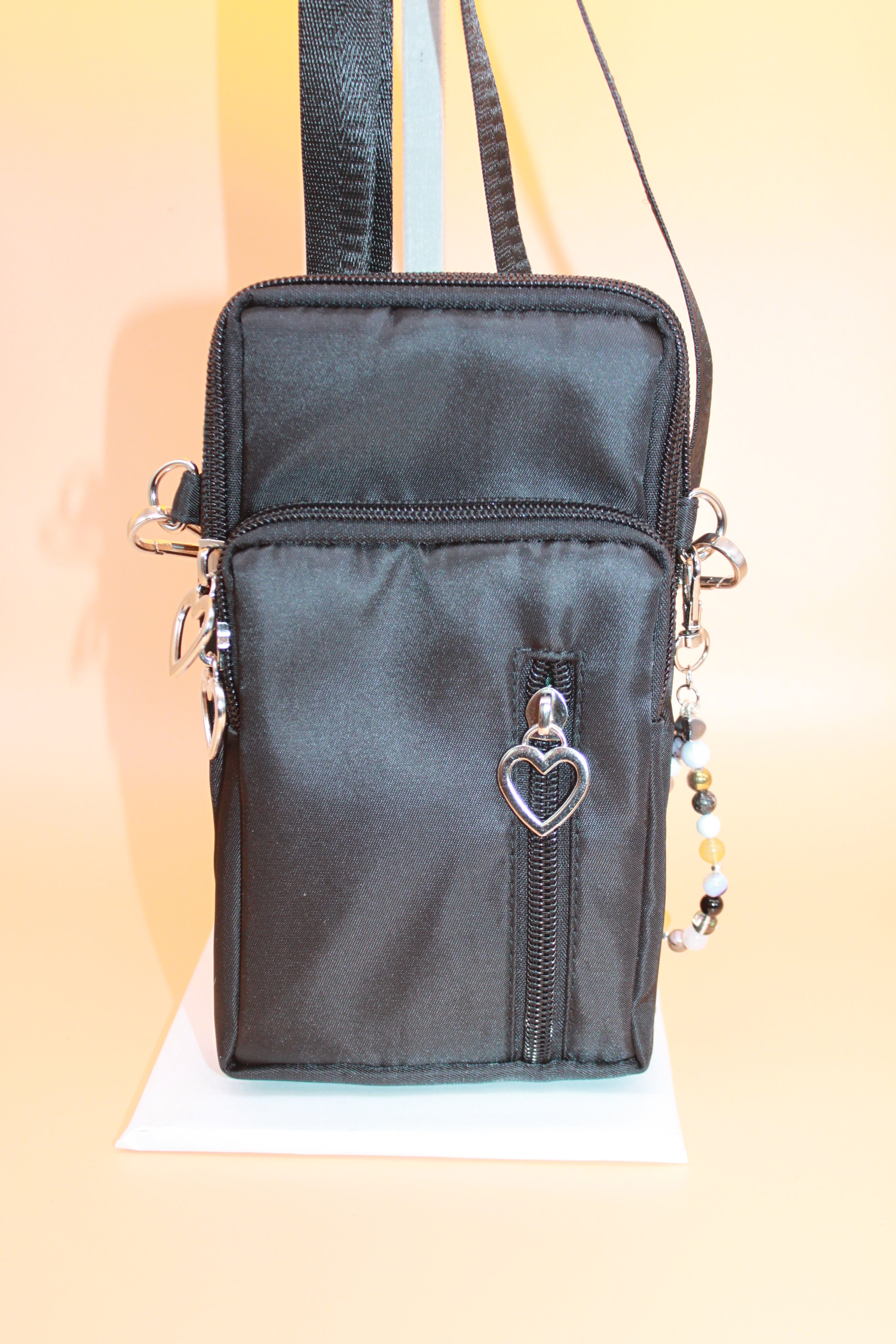 Crossbody Bag - Small black fashion handbag with adjustable strap and pretty bag charm HB055