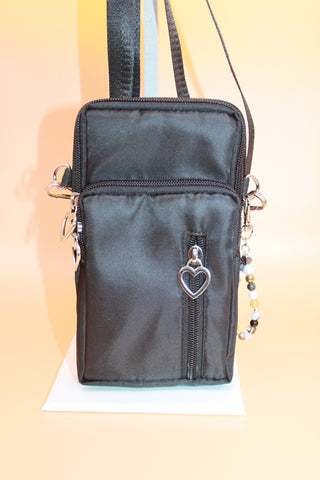 Crossbody Bag - Small black fashion handbag with adjustable strap and pretty bag charm HB055