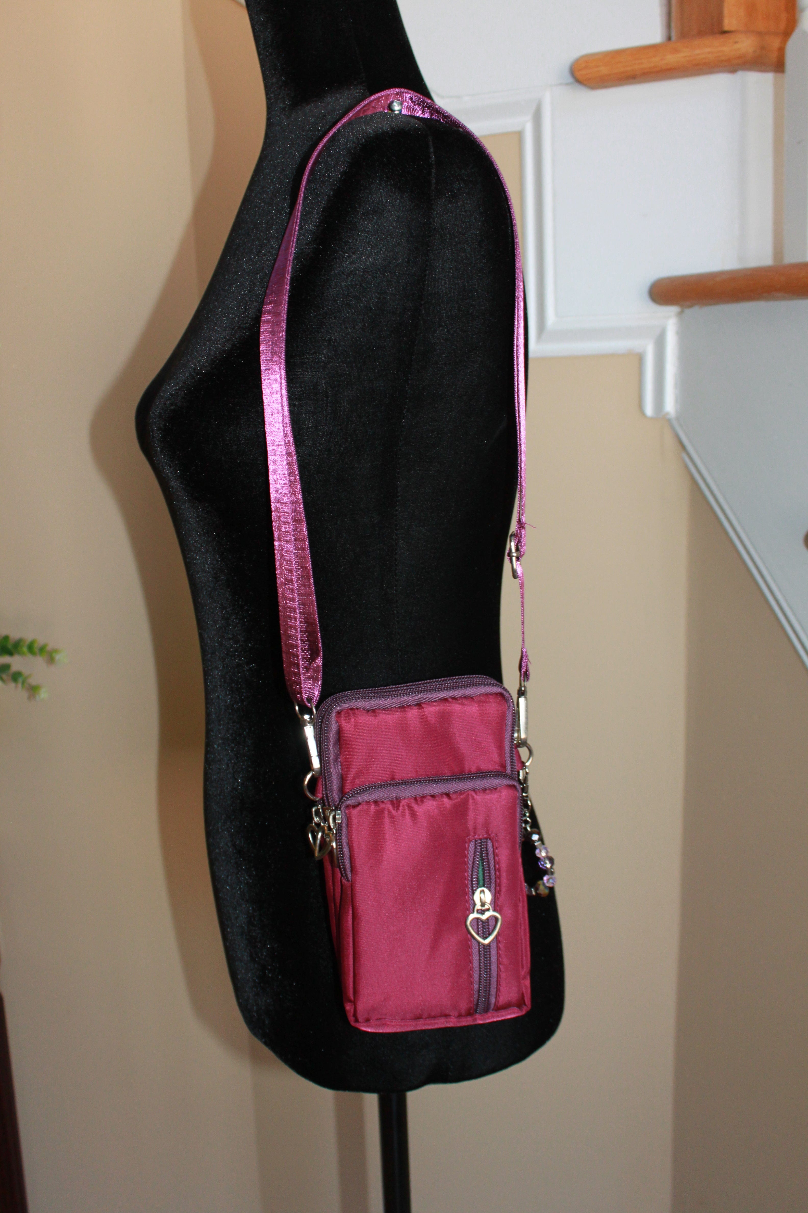 Crossbody Bag - Small burgundy fashion handbag with adjustable strap and pretty bag charm HB056