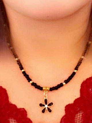 Designed & hand-crafted - Black and gold seed beads with black & gold plumeria flower- necklace 17" JL145