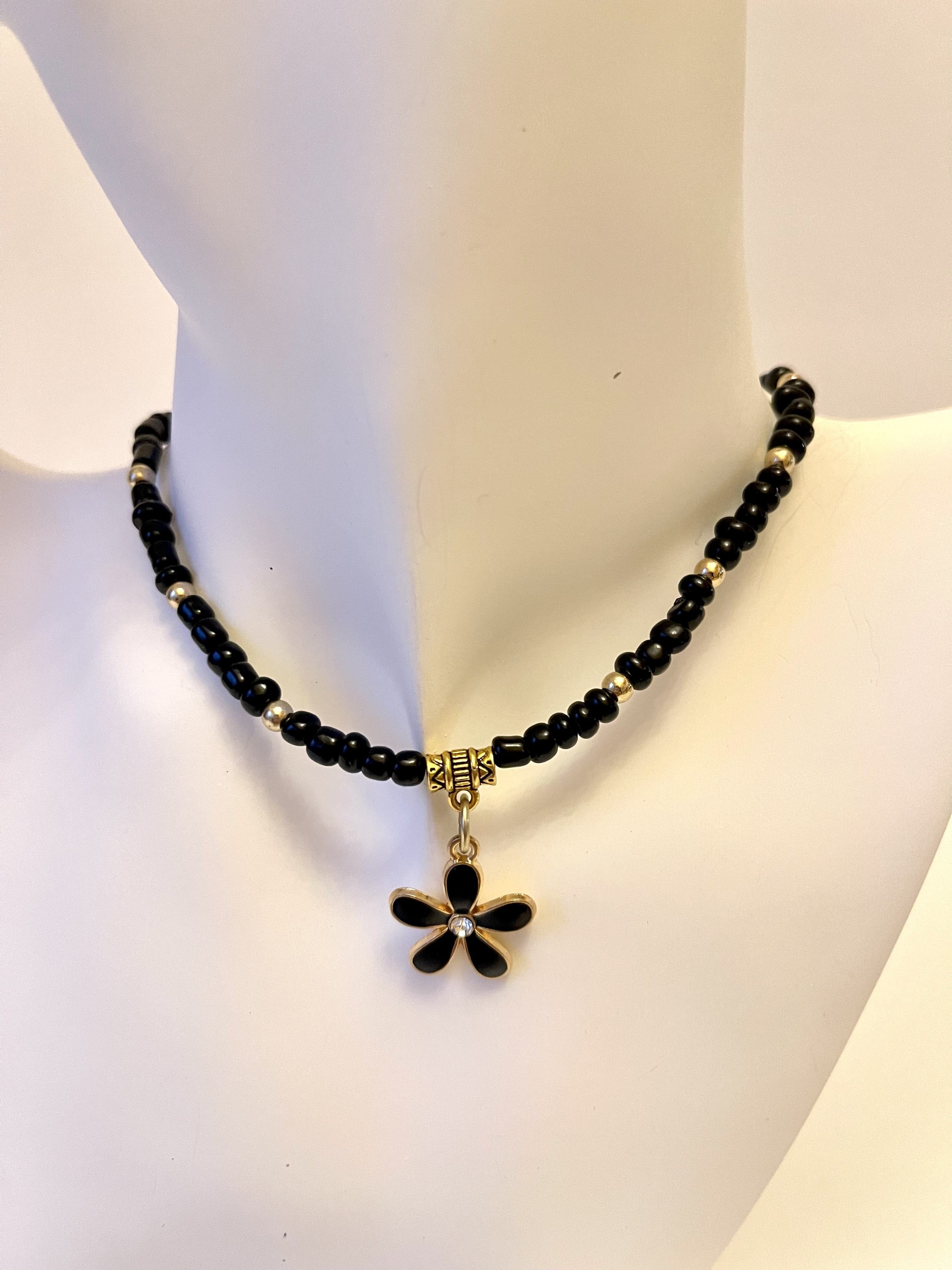 Designed & hand-crafted - Black and gold seed beads with black & gold plumeria flower- necklace 17" JL145