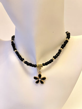 Designed & hand-crafted - Black and gold seed beads with black & gold plumeria flower- necklace 17" JL145