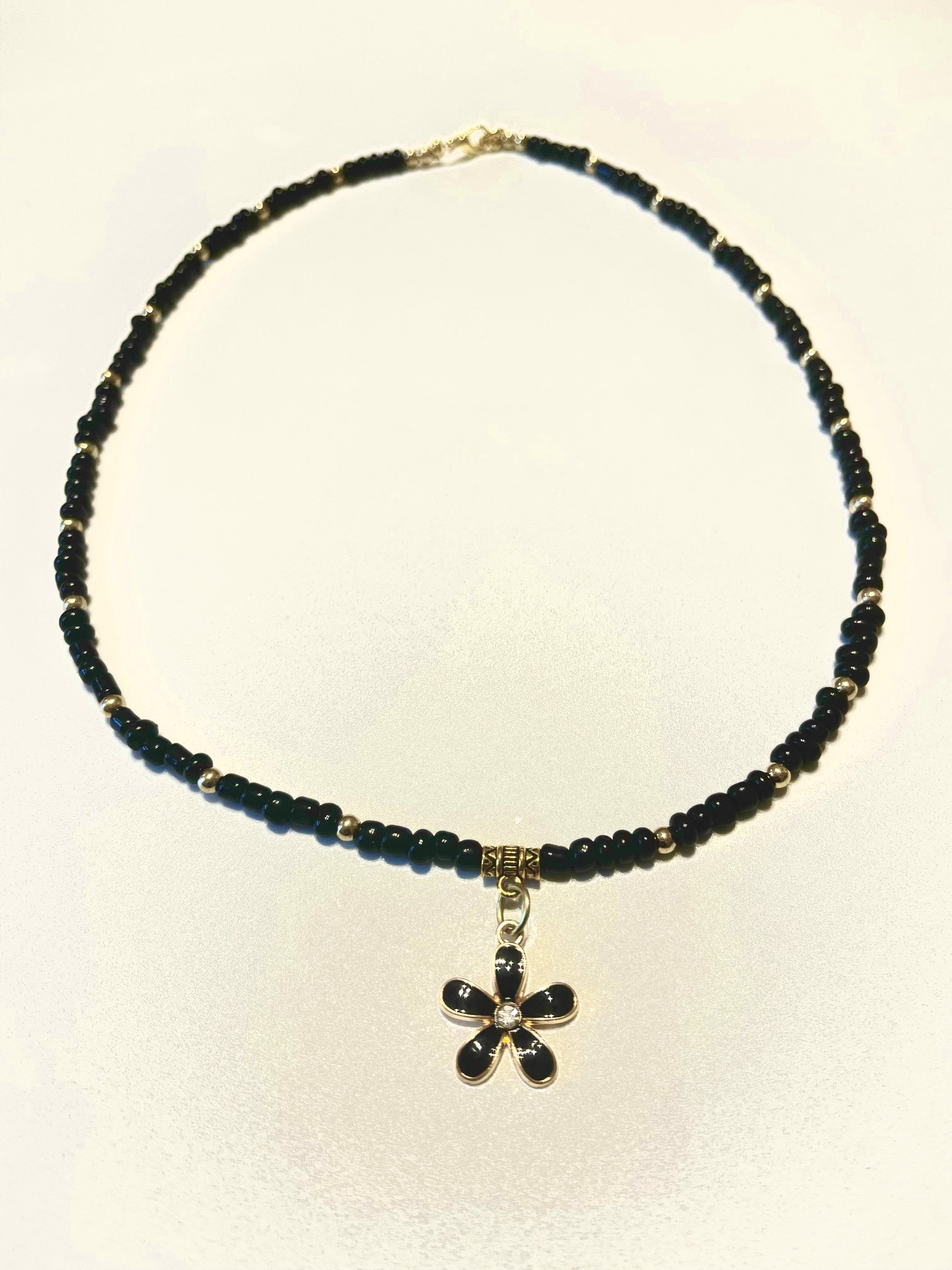 Designed & hand-crafted - Black and gold seed beads with black & gold plumeria flower- necklace 17" JL145