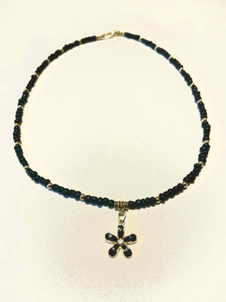 Designed & hand-crafted - Black and gold seed beads with black & gold plumeria flower- necklace 17" JL145