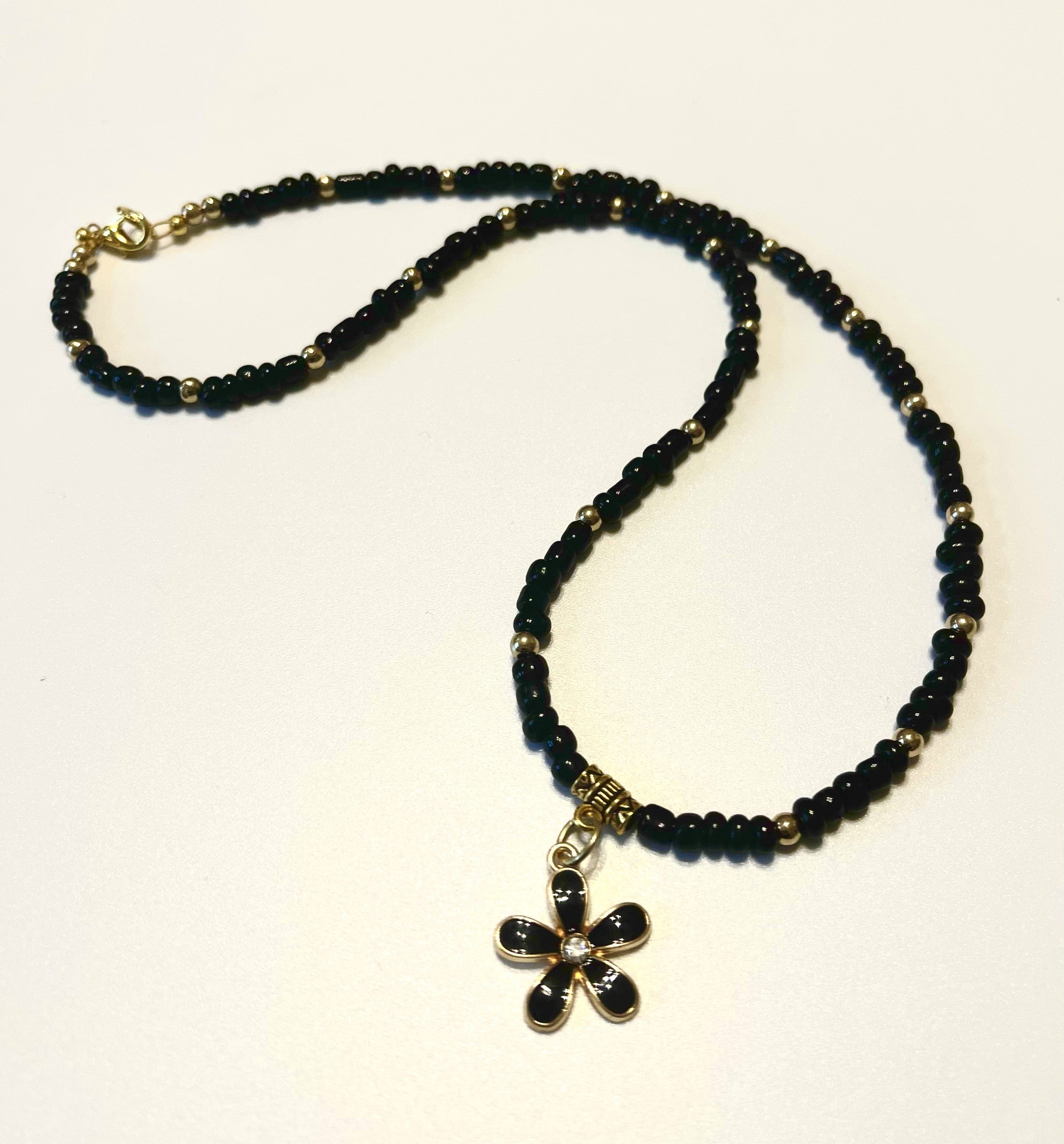 Designed & hand-crafted - Black and gold seed beads with black & gold plumeria flower- necklace 17" JL145