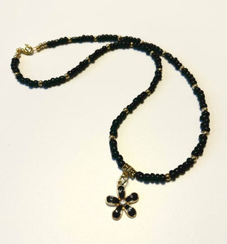 Designed & hand-crafted - Black and gold seed beads with black & gold plumeria flower- necklace 17" JL145
