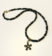 Load image into Gallery viewer, Designed &amp; hand-crafted - Black and gold seed beads with black &amp; gold plumeria flower- necklace 17&quot; JL145
