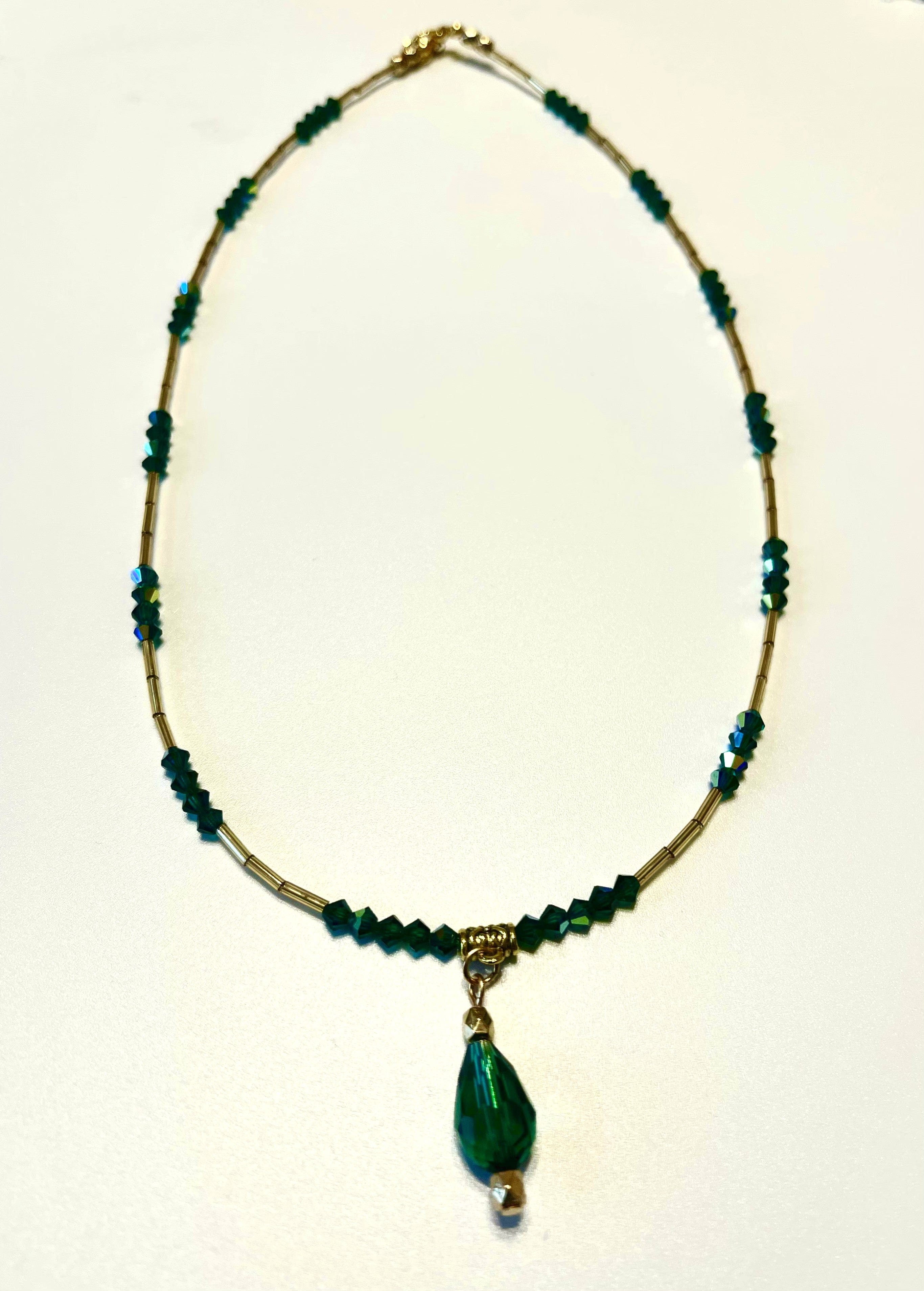 Designed & hand-crafted - Emerald green faceted crystals and gold glass beads necklace - 18" JL146