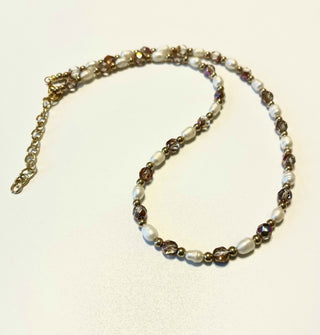 Designed & hand-crafted - Freshwater pearls, iridescent faceted crystals, and gold bead necklace JL140