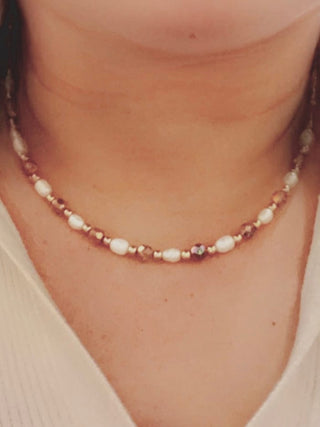 Designed & hand-crafted - Freshwater pearls, iridescent faceted crystals, and gold bead necklace JL140