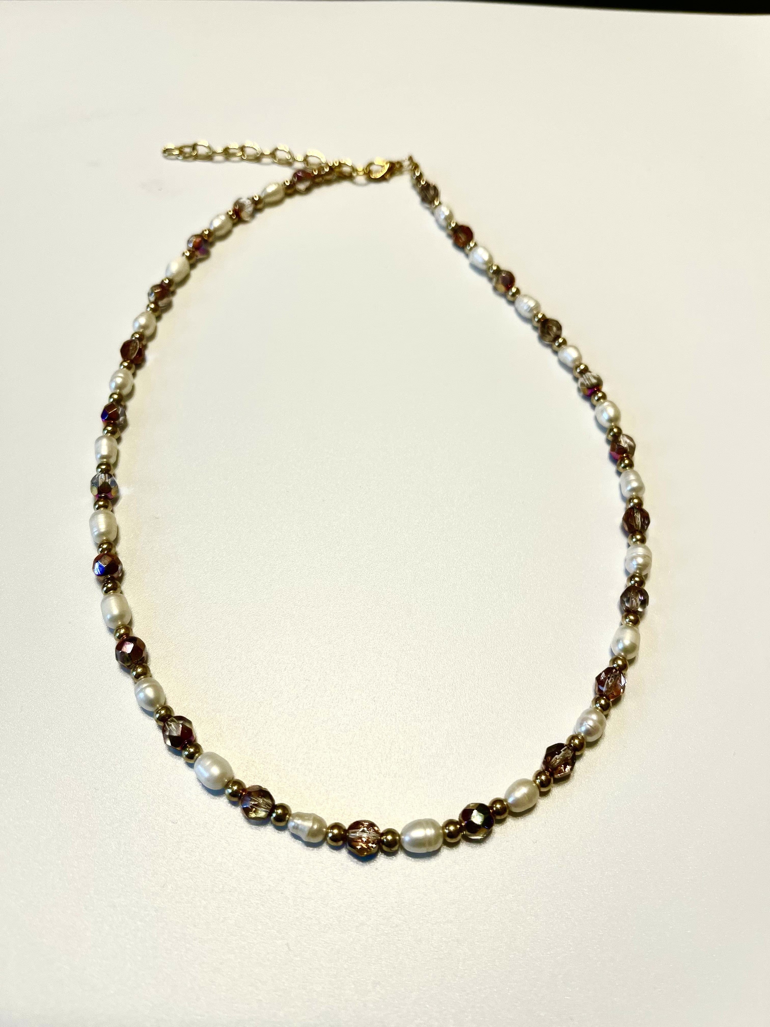 Designed & hand-crafted - Freshwater pearls, iridescent faceted crystals, and gold bead necklace JL140