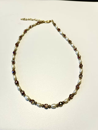 Designed & hand-crafted - Freshwater pearls, iridescent faceted crystals, and gold bead necklace JL140