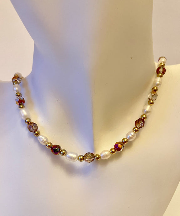 Designed & hand-crafted - Freshwater pearls, iridescent faceted crystals, and gold bead necklace JL140