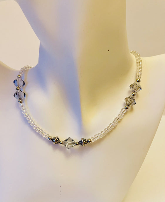 Designed & hand-crafted - Light gray faceted crystals with iridescent seed beads and silver elements - necklace 17