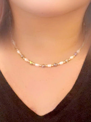 Designed & hand-crafted necklace - Freshwater pearls, faceted crystals, and gold bead necklace JL141