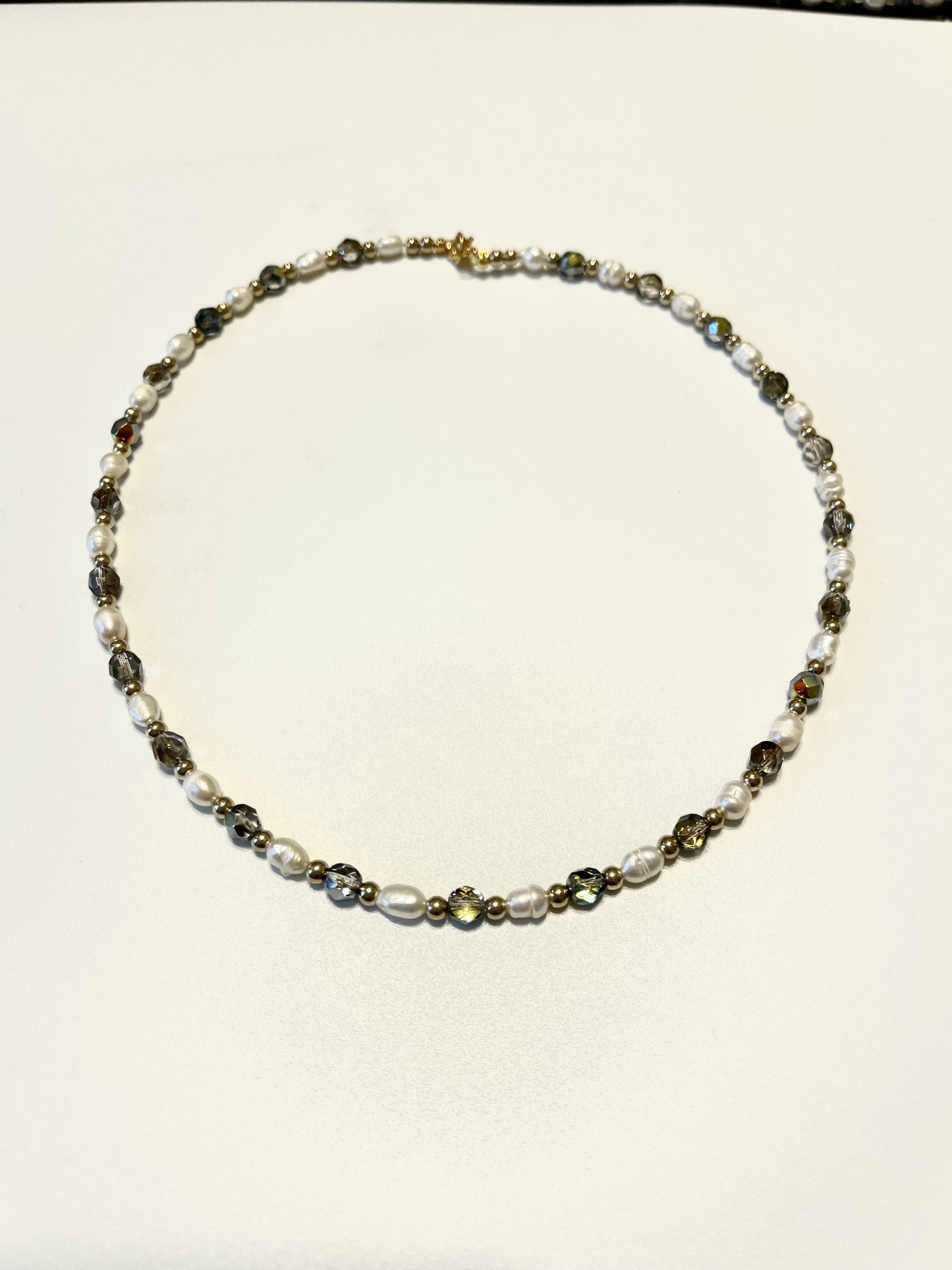 Designed & hand-crafted necklace - Freshwater pearls, faceted crystals, and gold bead necklace JL141
