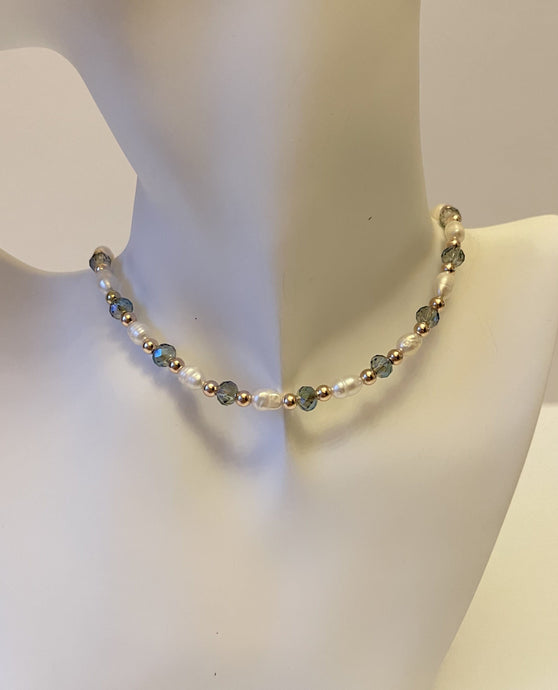 Designed & hand-crafted necklace - Freshwater pearls, faceted crystals, and gold bead necklace JL141