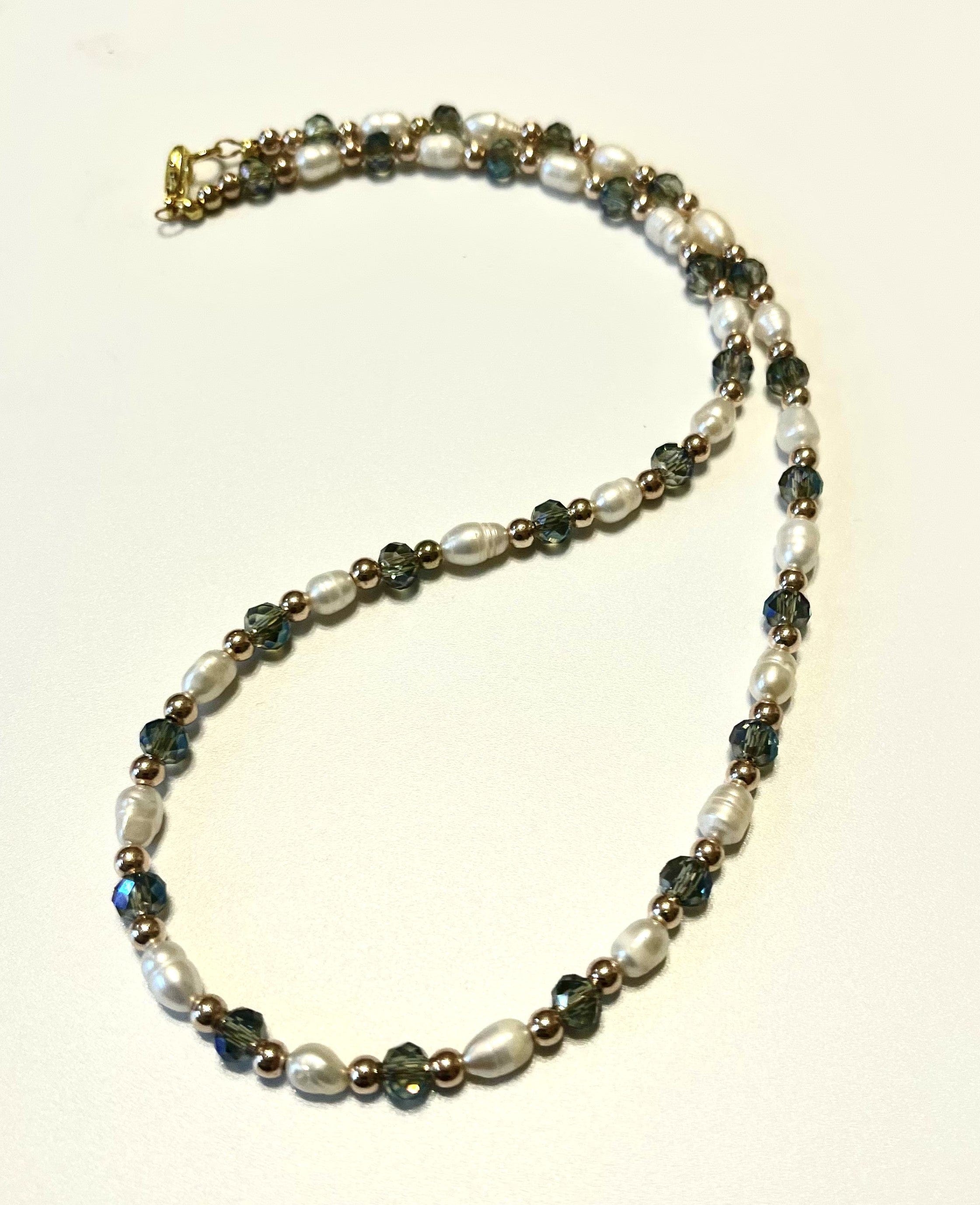 Designed & hand-crafted necklace - Freshwater pearls, faceted crystals, and gold bead necklace JL141