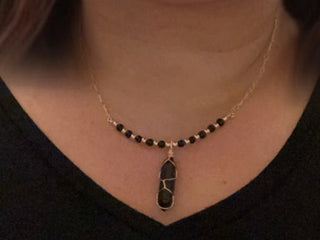 Designed & hand-crafted necklace w/gold chain and Black Obsidian beads and stone charm JL122