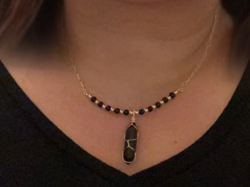 Designed & hand-crafted necklace w/gold chain and Black Obsidian beads and stone charm JL122