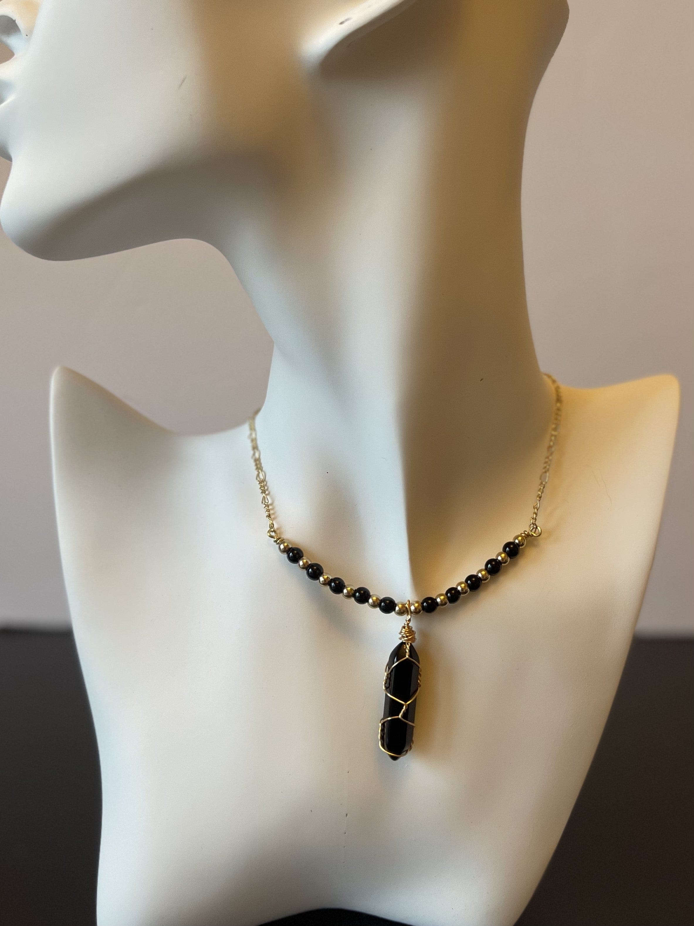 Designed & hand-crafted necklace w/gold chain and Black Obsidian beads and stone charm JL122