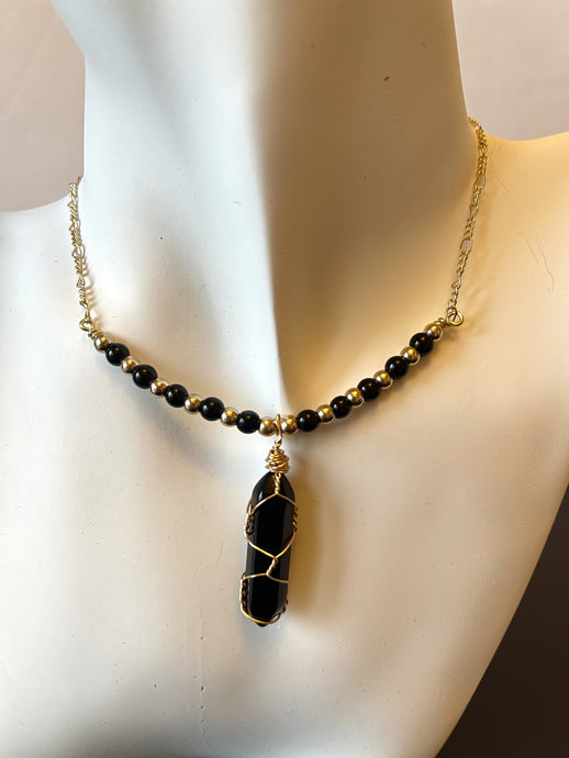 Designed & hand-crafted necklace w/gold chain and Black Obsidian beads and stone charm JL122