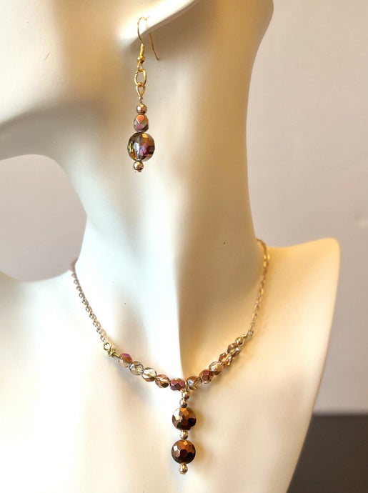 Designed & hand-crafted necklace w/gold chain and Czech faceted glass bar and tear drop charm JL121