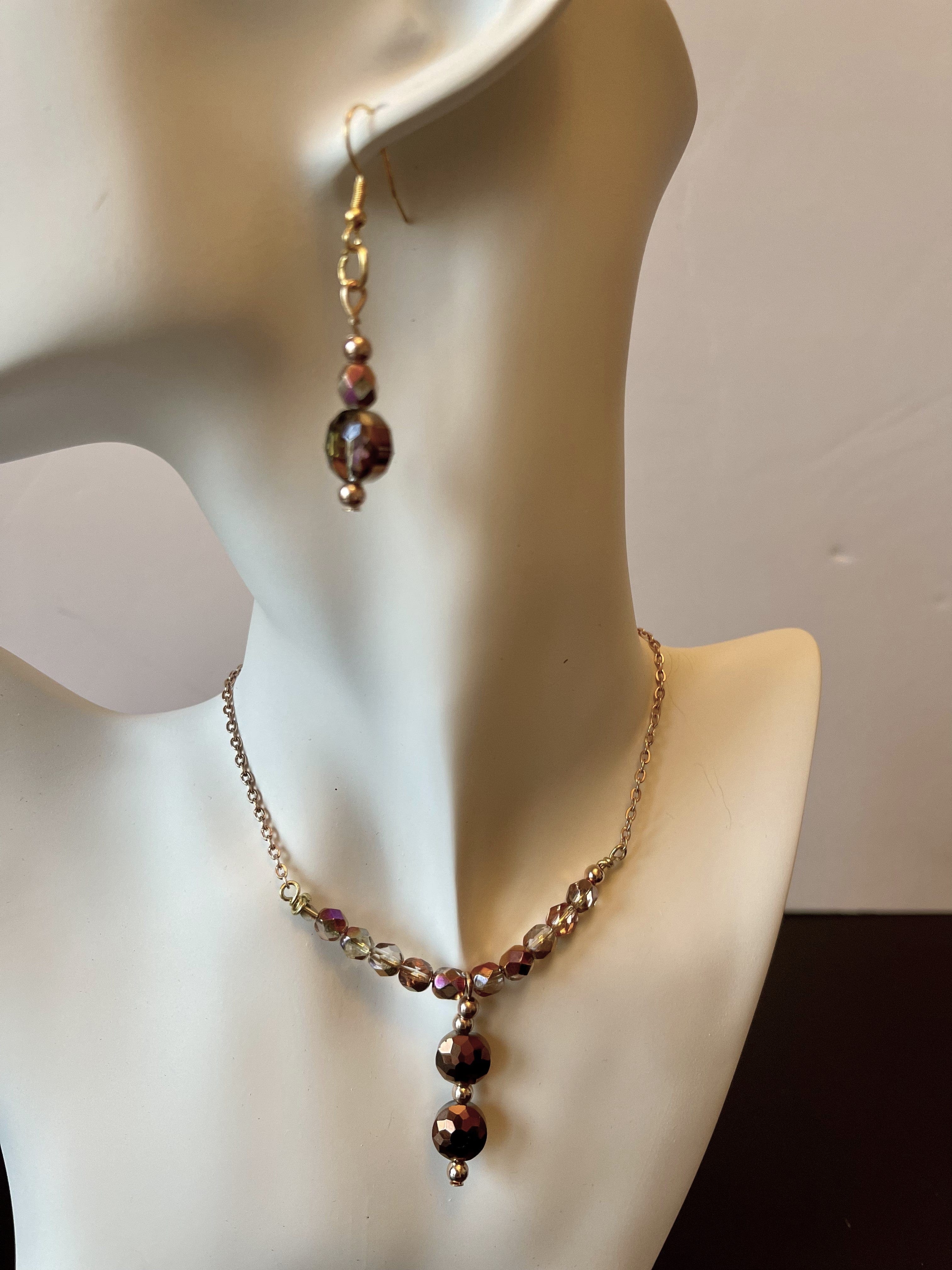 Designed & hand-crafted necklace w/gold chain and Czech faceted glass bar and tear drop charm JL121