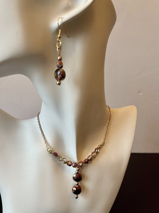 Designed & hand-crafted necklace w/gold chain and Czech faceted glass bar and tear drop charm JL121