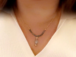 Designed & hand-crafted necklace w/gold chain and Czech faceted glass bar and tear drop charm JL127