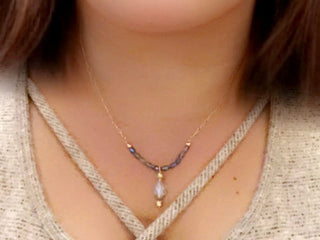 Designed & hand-crafted necklace w/gold chain and Czech faceted glass bar and tear drop charm JL127
