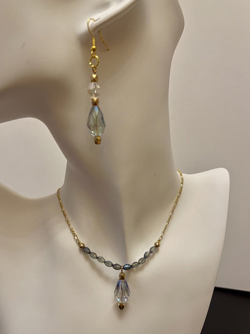 Designed & hand-crafted necklace w/gold chain and Czech faceted glass bar and tear drop charm JL127