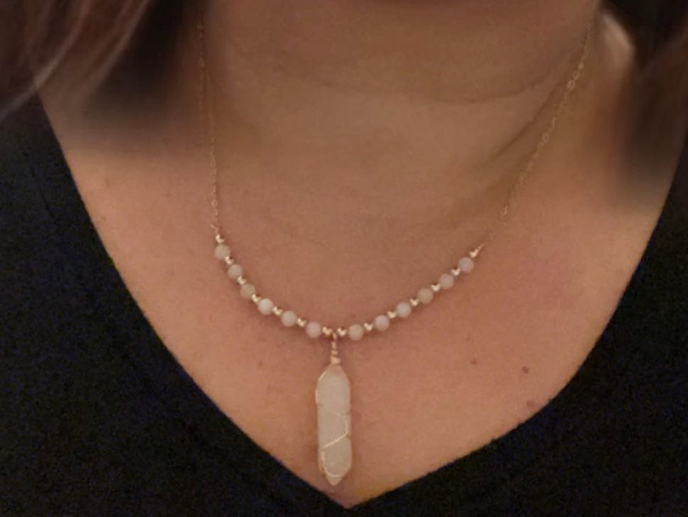 Designed & hand-crafted necklace w/gold chain and Rose Quartz beads and Charm JL123