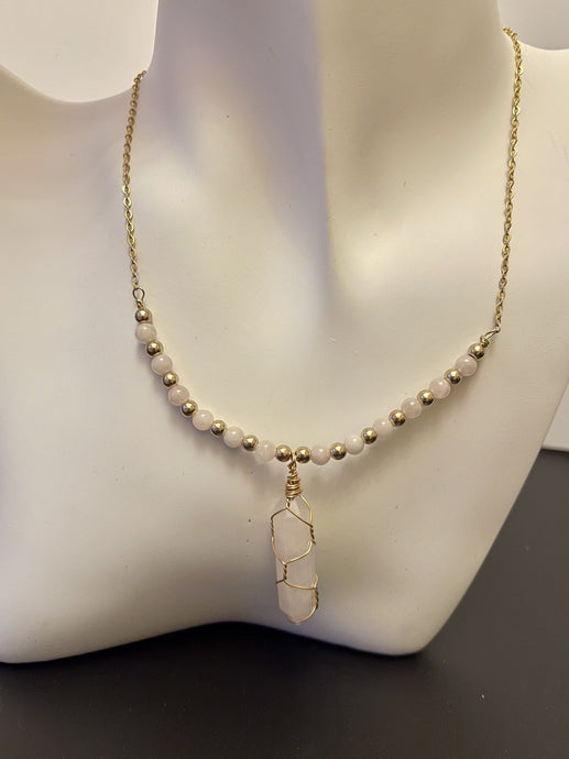 Designed & hand-crafted necklace w/gold chain and Rose Quartz beads and Charm JL123