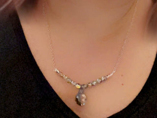 Designed & hand-crafted necklace w/silver chain and Czech faceted glass bar and tear drop charm JL126