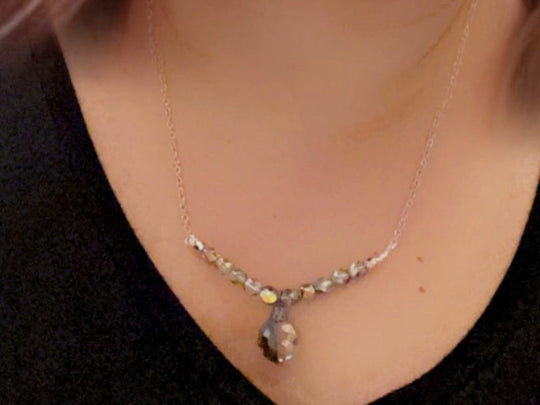 Designed & hand-crafted necklace w/silver chain and Czech faceted glass bar and tear drop charm JL126