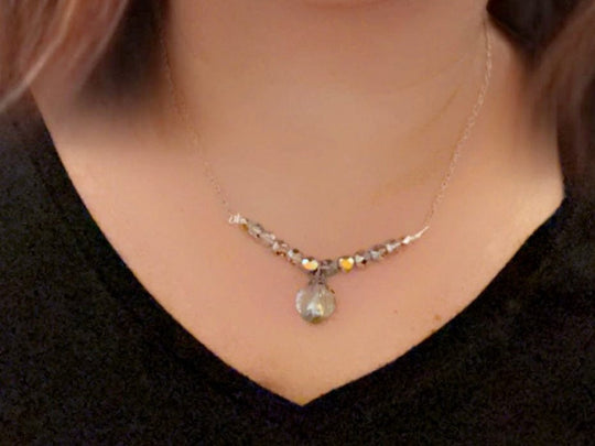 Designed & hand-crafted necklace w/silver chain and Czech faceted glass bar and tear drop charm JL126