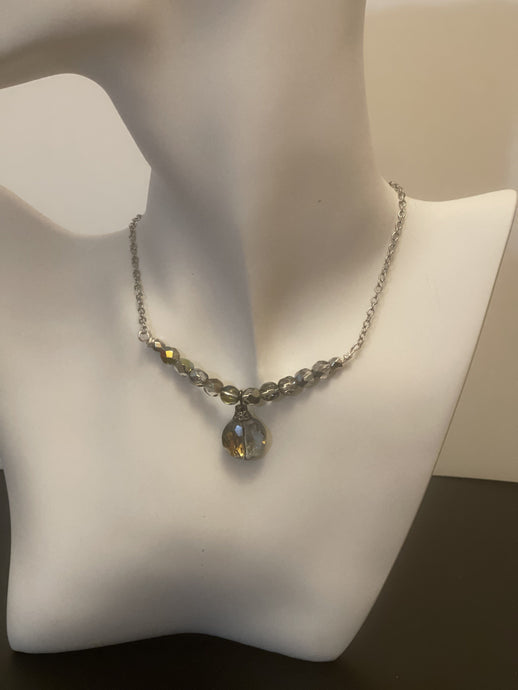 Designed & hand-crafted necklace w/silver chain and Czech faceted glass bar and tear drop charm JL126