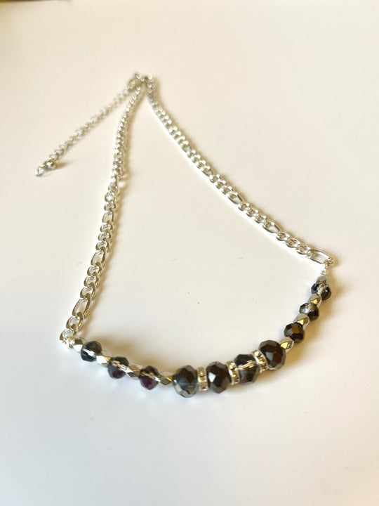 Designed & hand-crafted - Silver bar chain with smoky gray faceted crystals - 16" with 2"ext JL143
