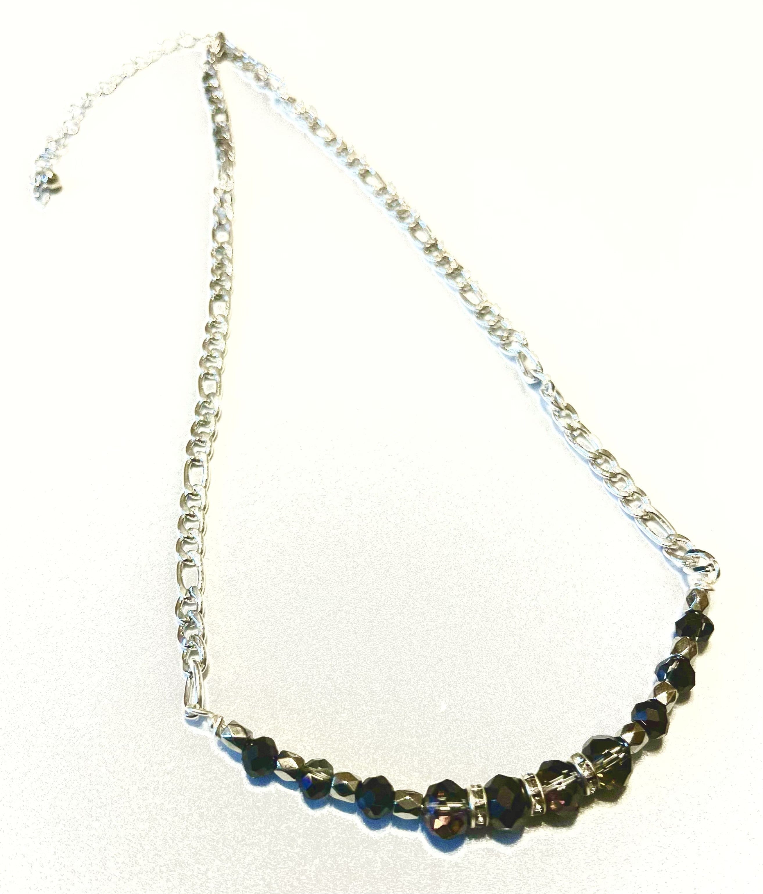 Designed & hand-crafted - Silver bar chain with smoky gray faceted crystals - 16" with 2"ext JL143