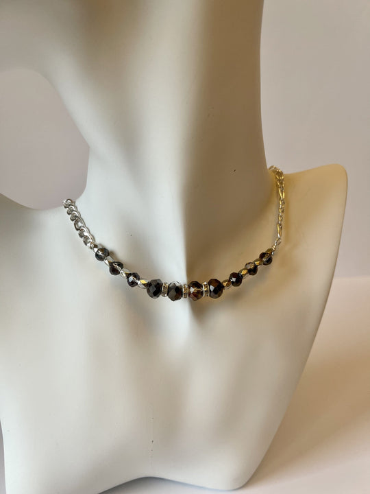 Designed & hand-crafted - Silver bar chain with smoky gray faceted crystals - 16" with 2"ext JL143