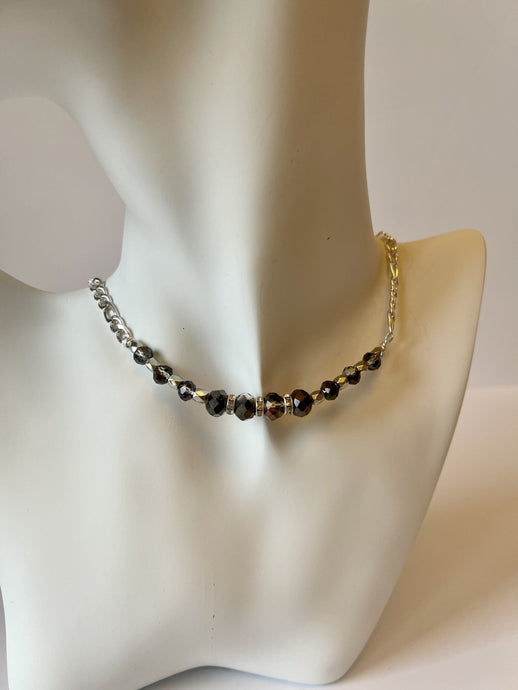 Designed & hand-crafted - Silver bar chain with smoky gray faceted crystals - 16
