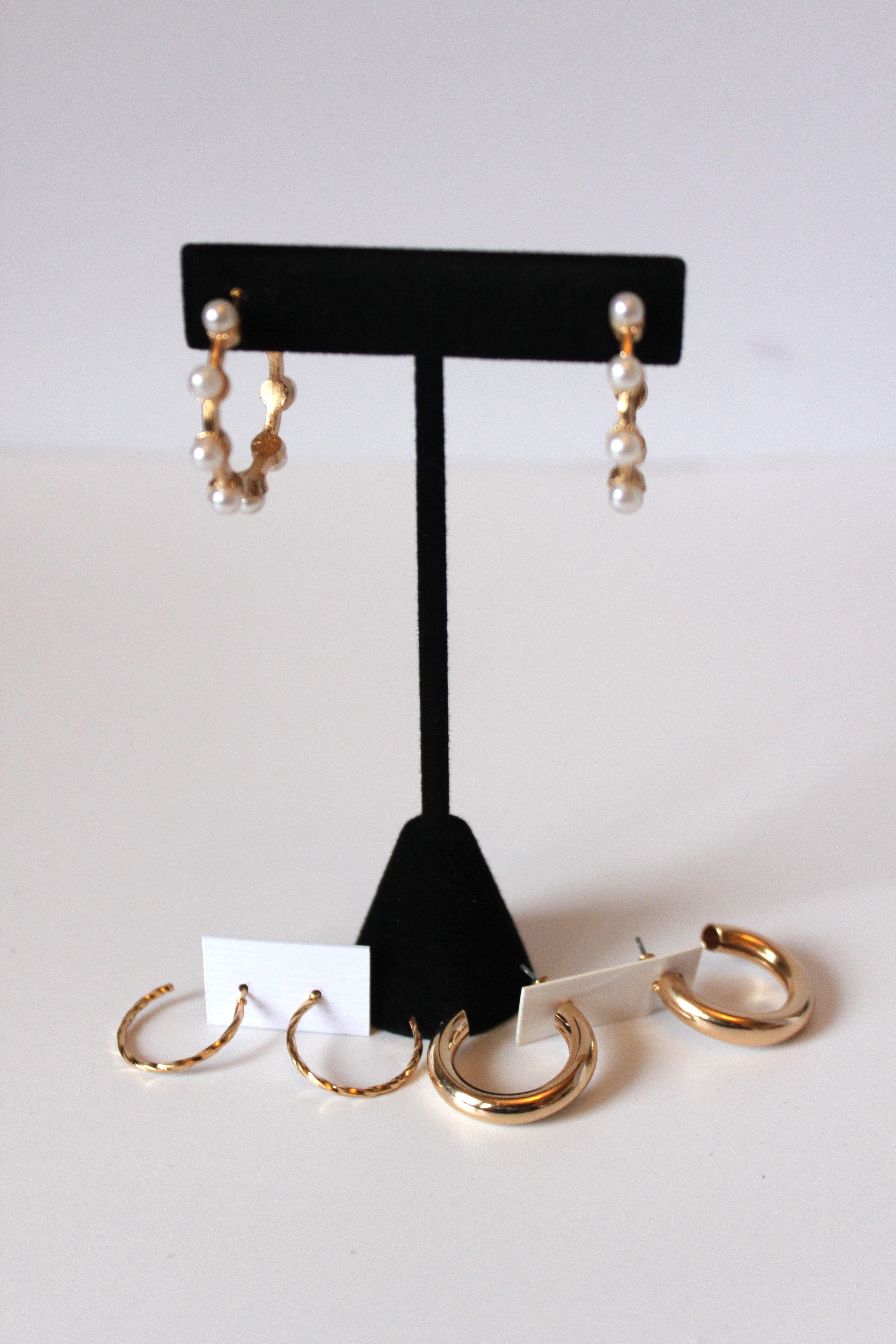 Earrings - Three gold earrings - pearl cluster and gold partial hoops JL108