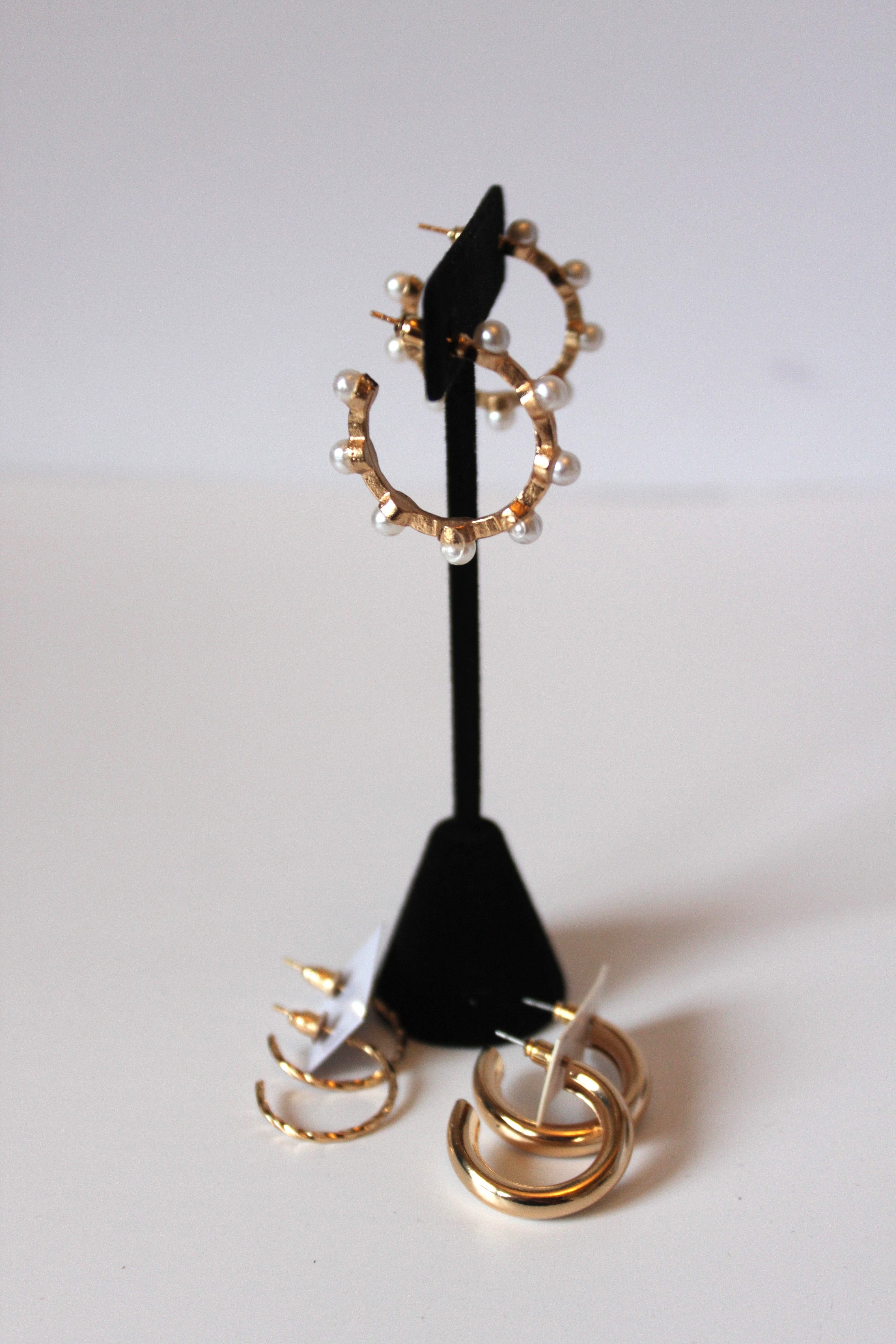 Earrings - Three gold earrings - pearl cluster and gold partial hoops JL108
