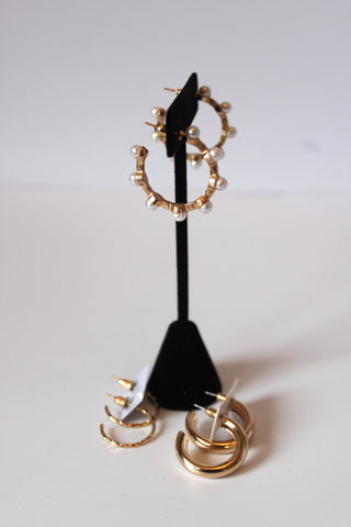 Earrings - Three gold earrings - pearl cluster and gold partial hoops JL108