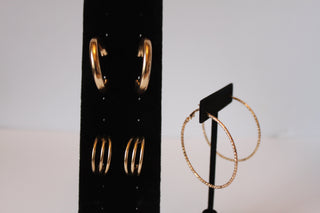 Earrings - Three pairs of earrings - gold plated hoops in various designs JL113